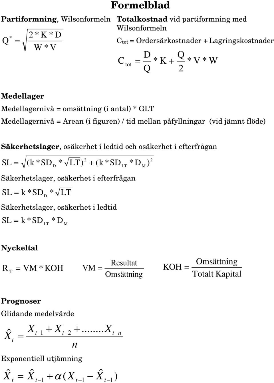 osäkerhet i efterfrågan SL ( k * SD * LT) ( k * SD * D ) 2 2 D LT M Säkerhetslager, osäkerhet i efterfrågan SL k * SD * LT D Säkerhetslager, osäkerhet i ledtid SL k * SD * D LT M