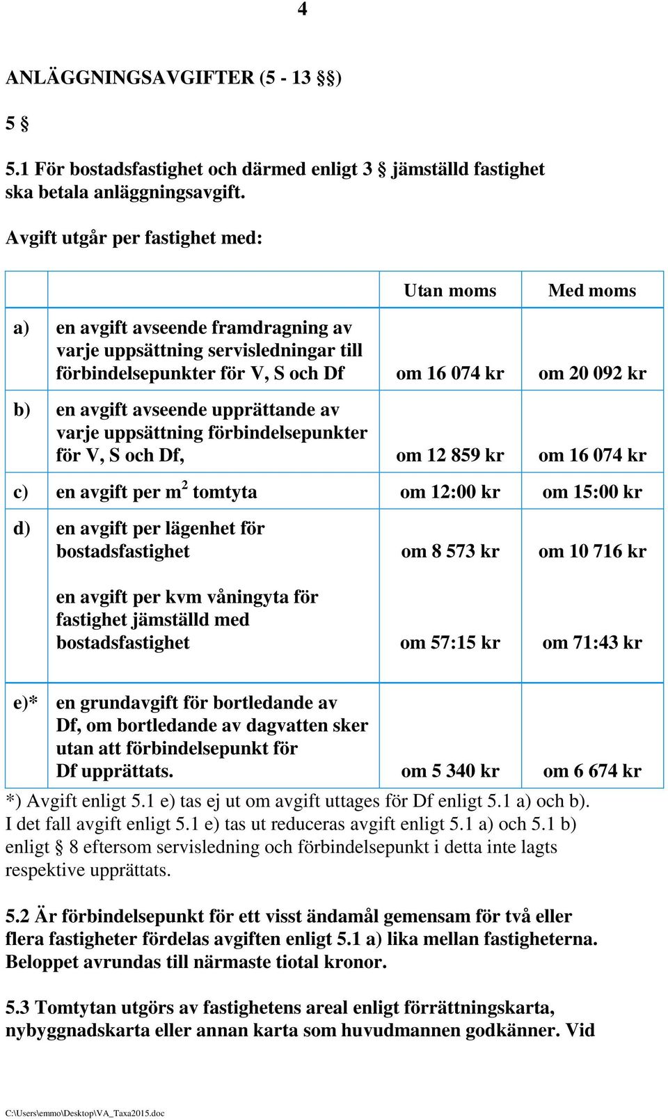 avgift avseende upprättande av varje uppsättning förbindelsepunkter för V, S och Df, om 12 859 kr om 16 074 kr c) en avgift per m 2 tomtyta om 12:00 kr om 15:00 kr d) en avgift per lägenhet för