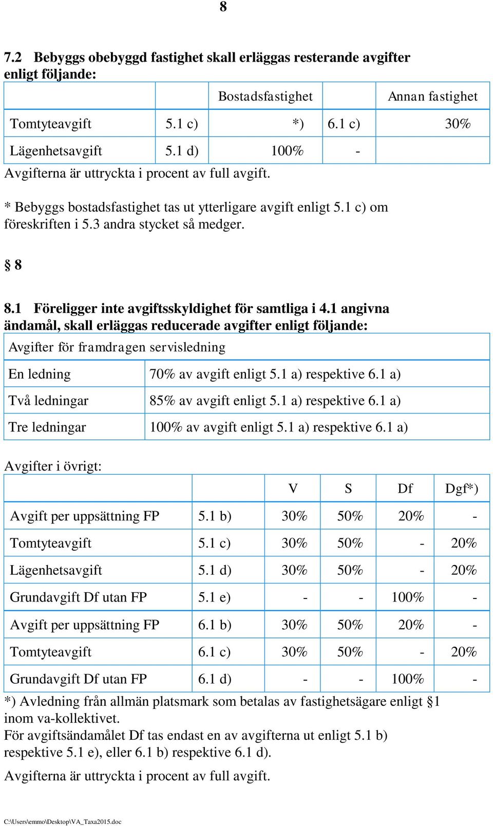 1 Föreligger inte avgiftsskyldighet för samtliga i 4.1 angivna ändamål, skall erläggas reducerade avgifter enligt följande: Avgifter för framdragen servisledning En ledning 70% av avgift enligt 5.