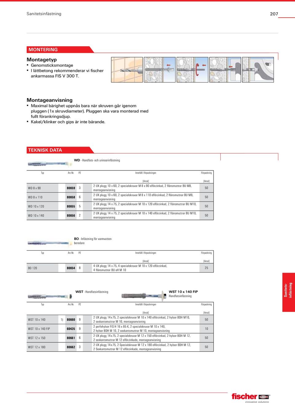 WD - Handfats- och urinoarinfästning WD 8 x 90 80659 3 WD 8 x 110 80658 6 WD 10 x 120 80655 5 WD 10 x 140 80656 2 2 UX plugg 10 x 60, 2 specialskruvar M 8 x 90 elförzinkad, 2 flänsmuttrar BU M8,