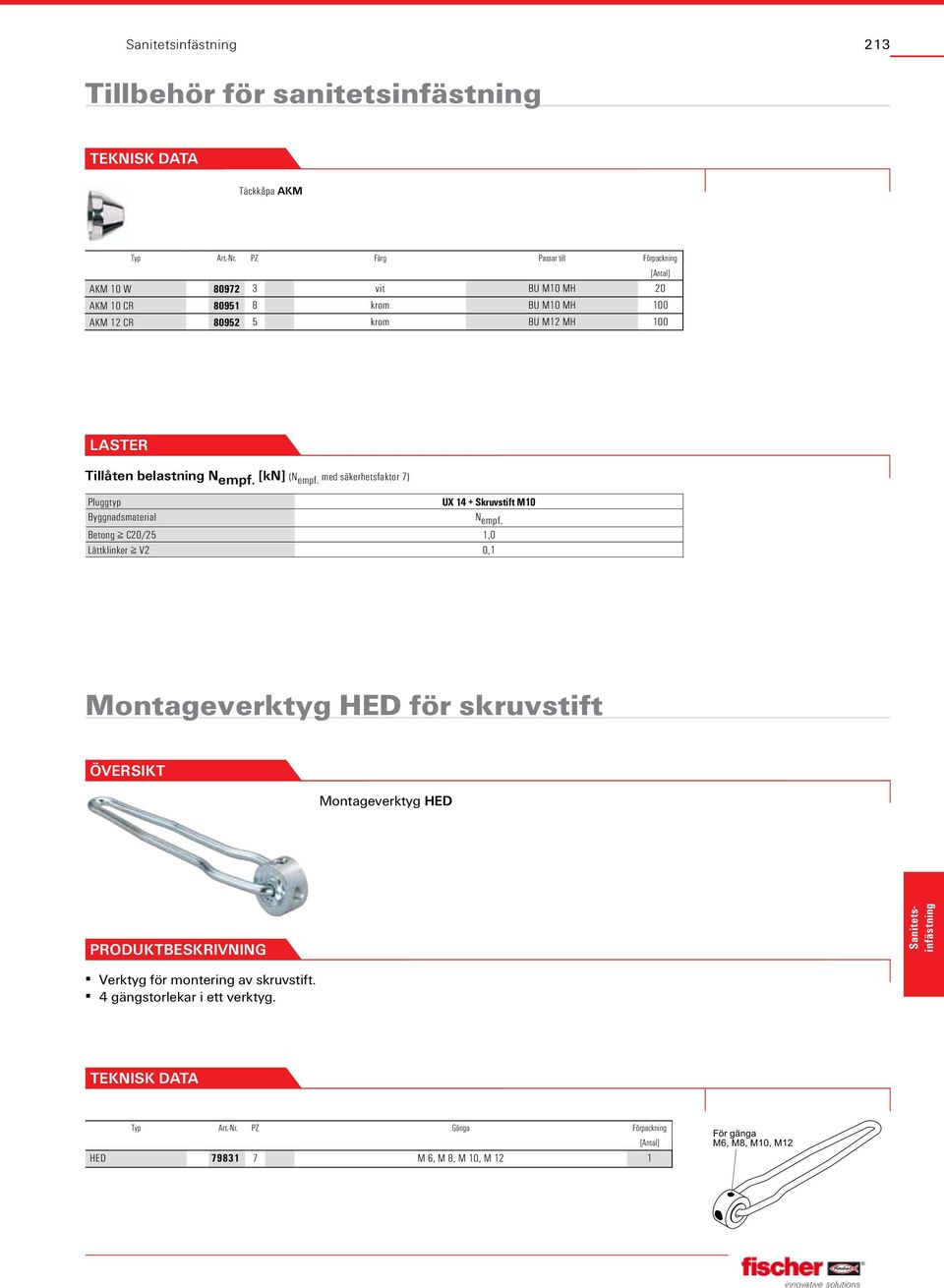 Tillåten belastning N empf. [kn] (N empf. med säkerhetsfaktor 7) Pluggtyp UX 14 + Skruvstift M10 Byggnadsmaterial N empf.