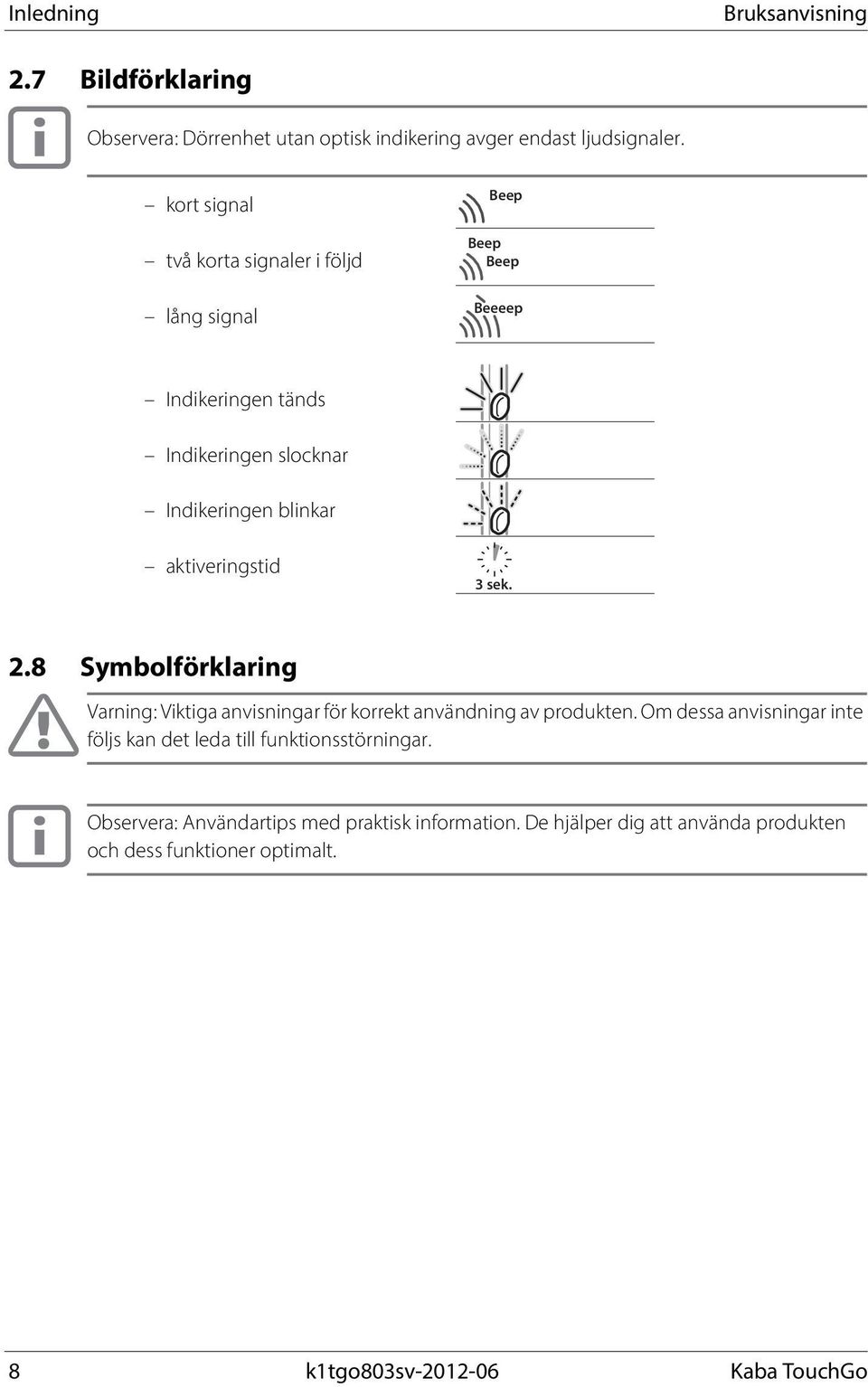 2.8 Symbolförklaring Varning: Viktiga anvisningar för korrekt användning av produkten.