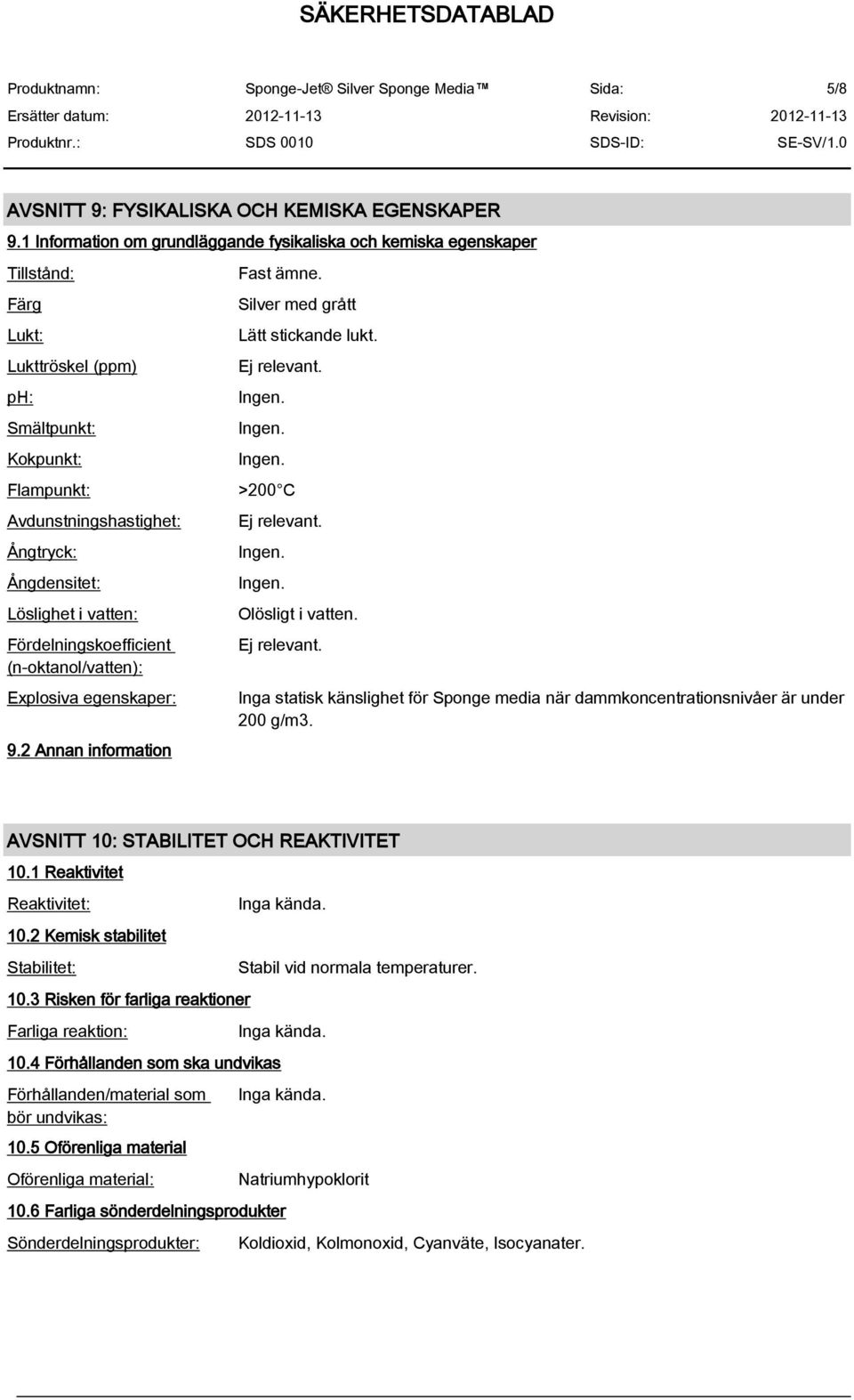 i vatten: Fördelningskoefficient (n-oktanol/vatten): Explosiva egenskaper: 9.2 Annan information Fast ämne. Silver med grått Lätt stickande lukt. Ej relevant. >200 C Ej relevant. Olösligt i vatten.