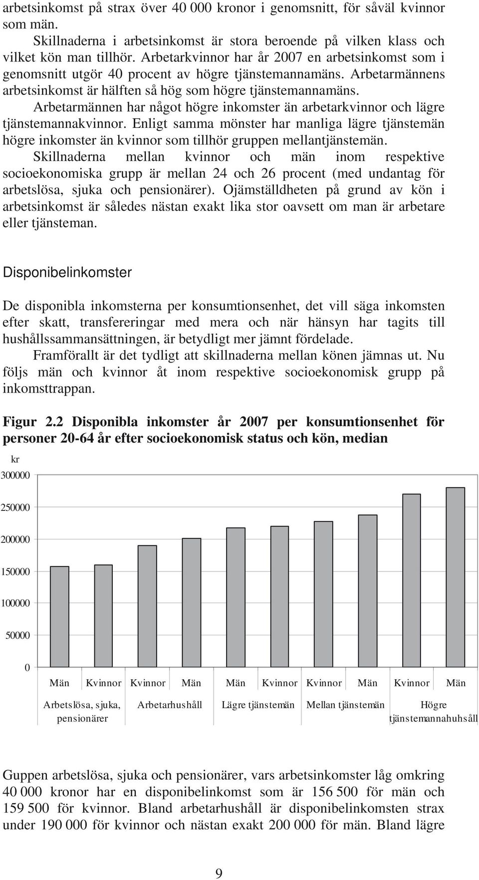 Arbetarmännen har något högre inkomster än arbetarkvinnor och lägre tjänstemannakvinnor. Enligt samma mönster har manliga lägre högre inkomster än kvinnor som tillhör gruppen mellan.