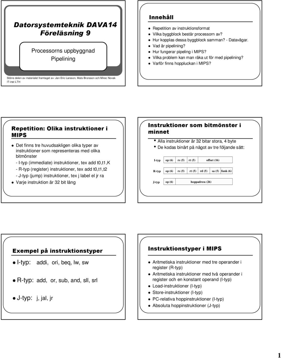 instruktioner, tex add t0,t1,t2 - J-typ (jump) instruktioner, tex j label el jr ra Varje instruktion är lång -typ: addi, ori, beq, lw, sw -typ: add, or, sub, and, sll, srl J-typ: j, jal, jr nnehåll