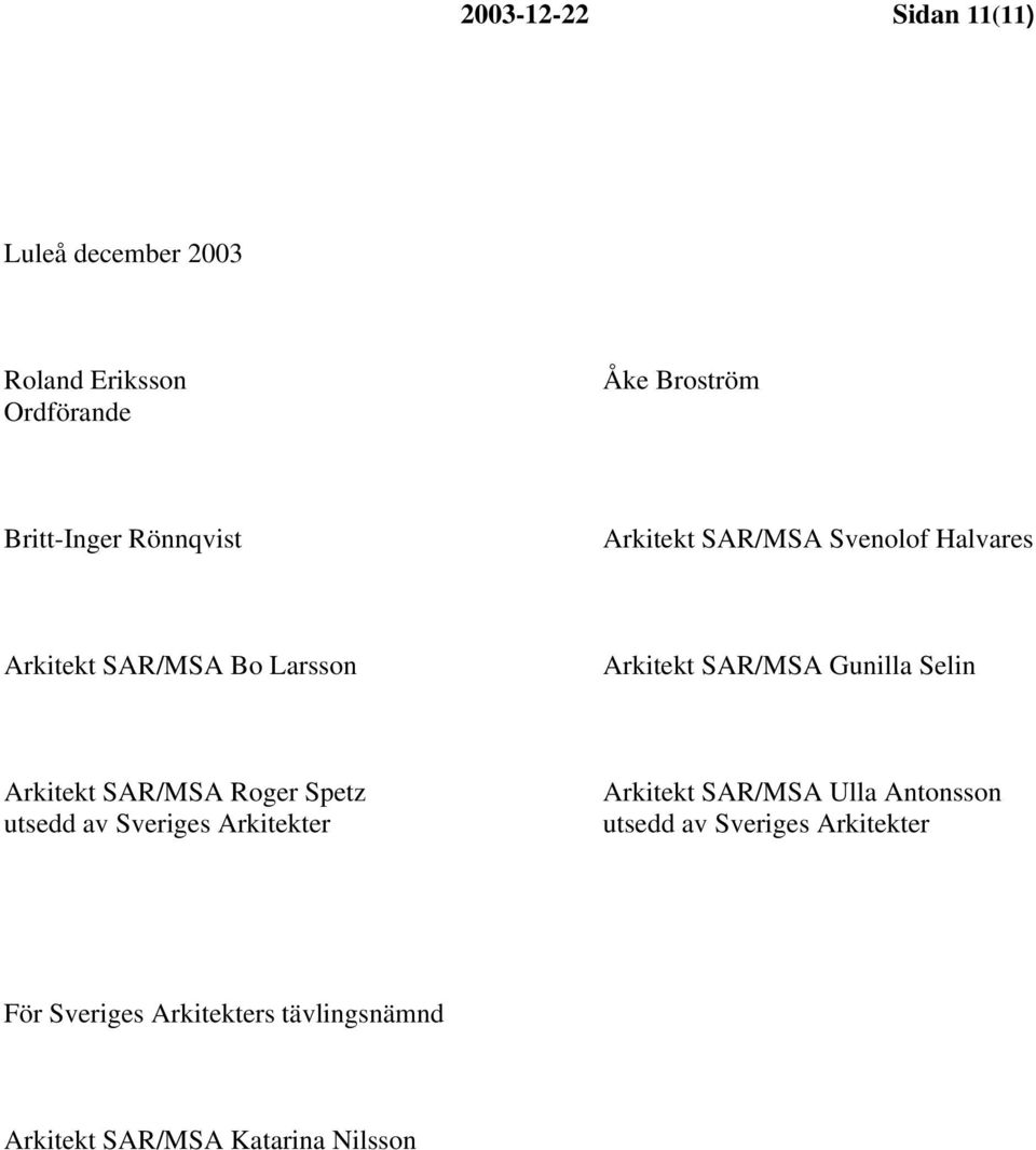 Selin Arkitekt SAR/MSA Roger Spetz utsedd av Sveriges Arkitekter Arkitekt SAR/MSA Ulla Antonsson