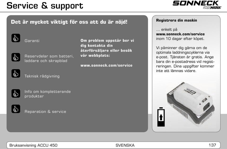 webbplats: www.sonneck.com/service Registrera din maskin enkelt på www.sonneck.com/service inom 10 dagar efter köpet.