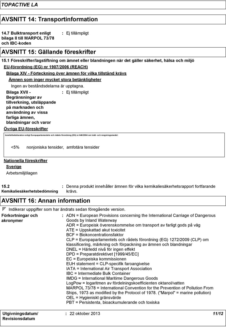 Ämnen som inger mycket stora betänkligheter Ingen av beståndsdelarna är upptagna.