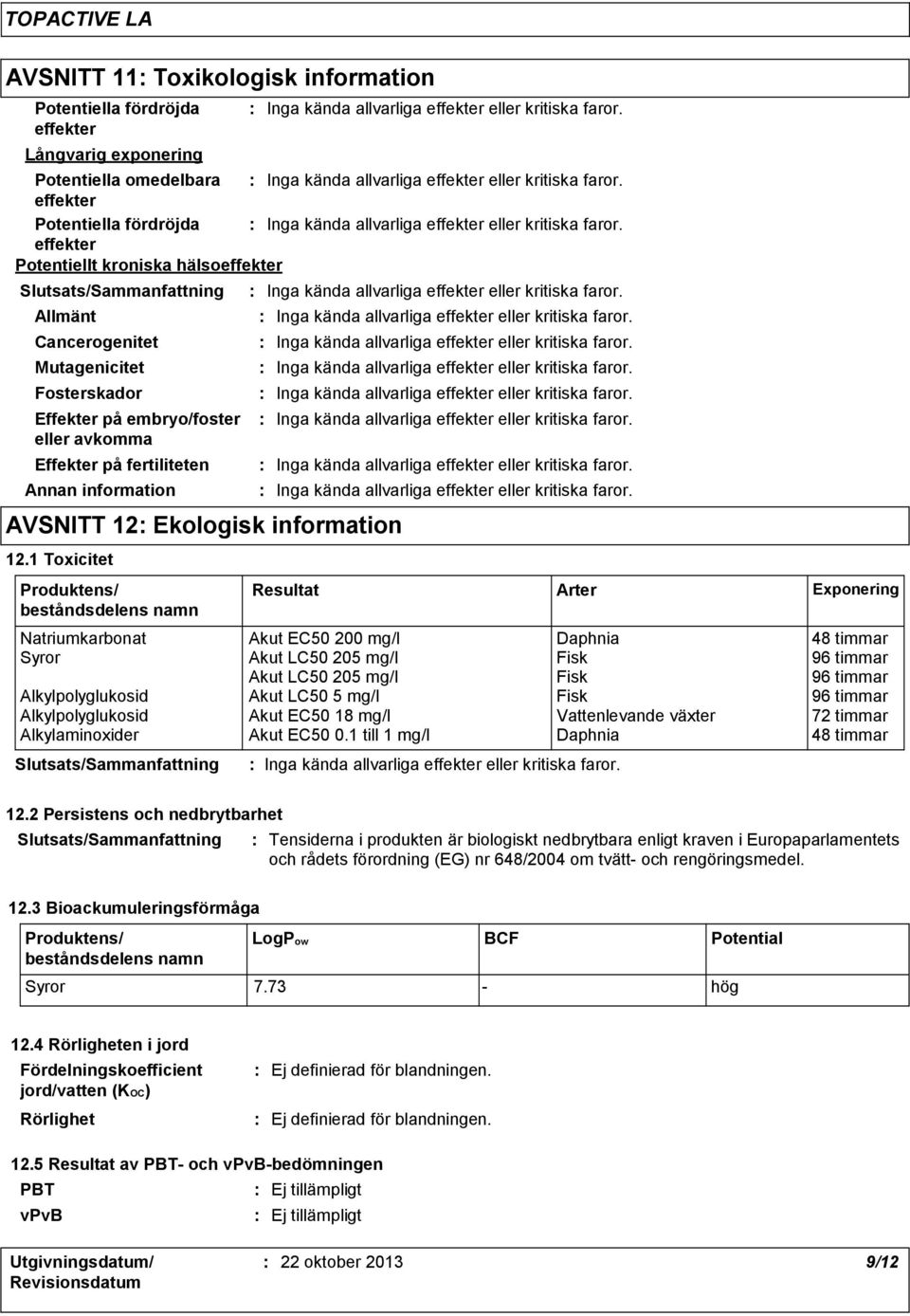 1 Toxicitet Produktens/ beståndsdelens namn Natriumkarbonat Akut EC50 200 mg/l Daphnia 48 timmar Syror Akut LC50 205 mg/l Fisk 96 timmar Akut LC50 205 mg/l Fisk 96 timmar Alkylpolyglukosid Akut LC50