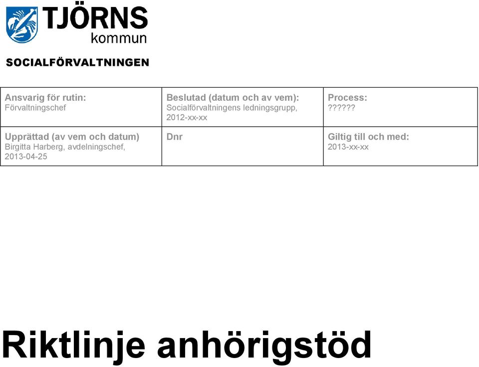 av vem): Socialförvaltningens ledningsgrupp, 2012-xx-xx Dnr