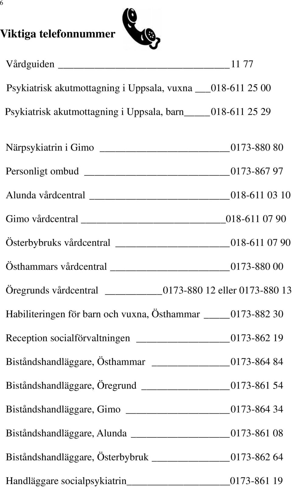 0173-880 12 eller 0173-880 13 Habiliteringen för barn och vuxna, Östhammar 0173-882 30 Reception socialförvaltningen 0173-862 19 Biståndshandläggare, Östhammar 0173-864 84
