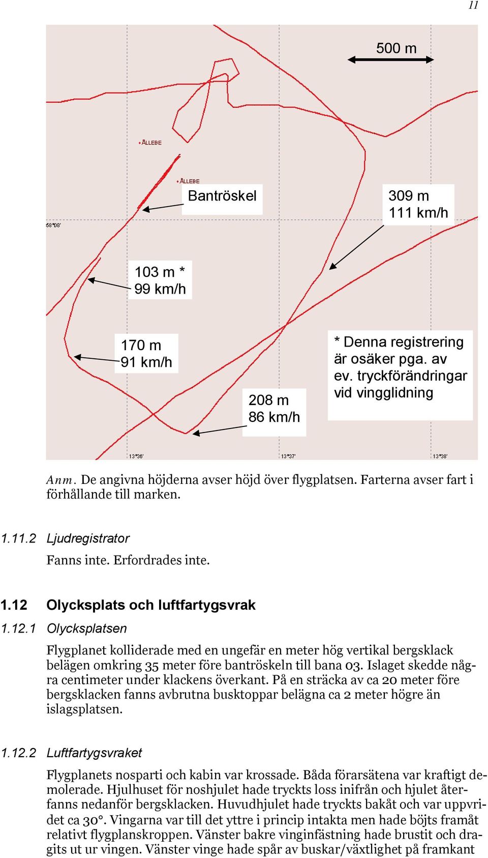 Olycksplats och luftfartygsvrak 1.12.1 Olycksplatsen Flygplanet kolliderade med en ungefär en meter hög vertikal bergsklack belägen omkring 35 meter före bantröskeln till bana 03.