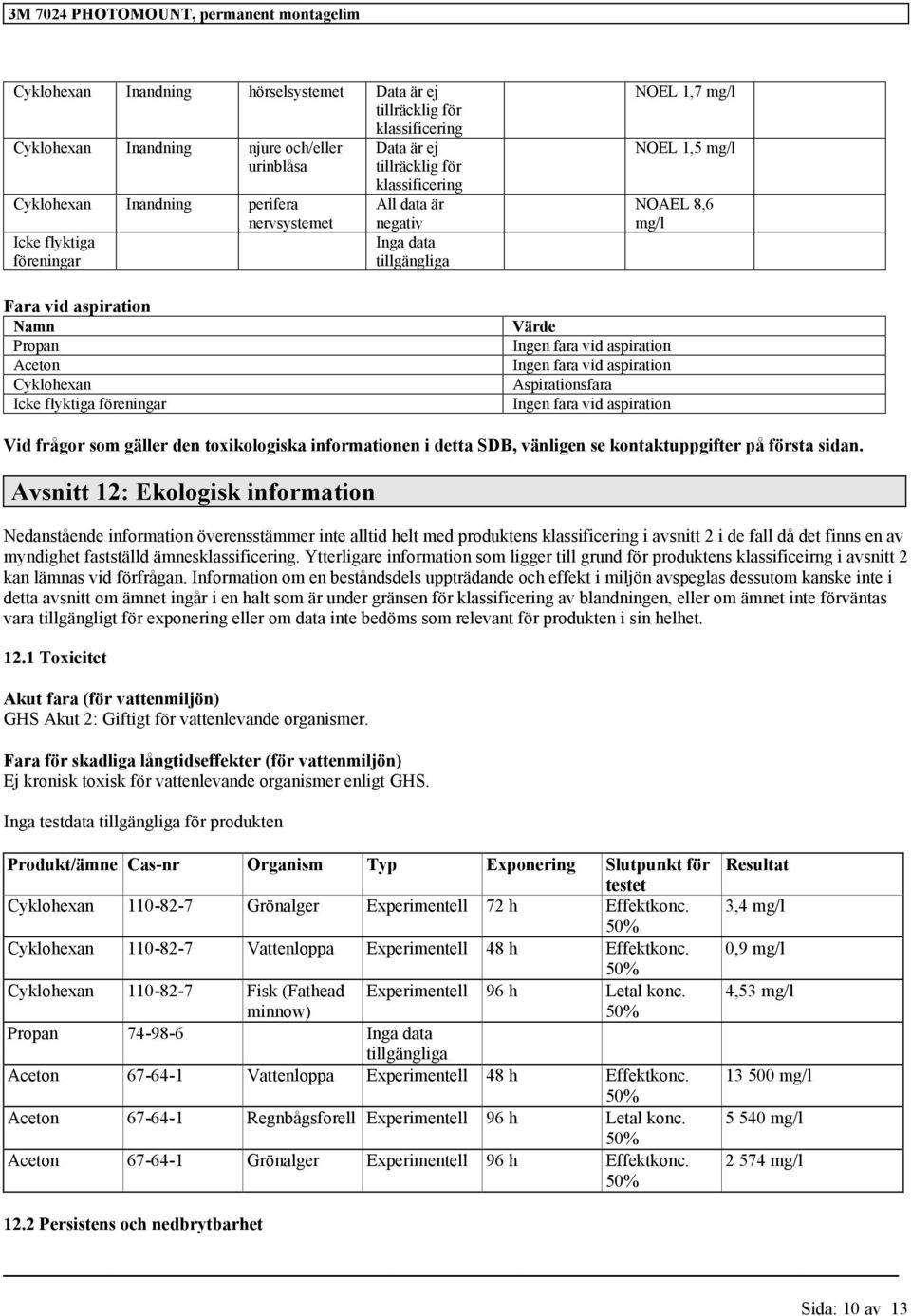 gäller den toxikologiska informationen i detta SDB, vänligen se kontaktuppgifter på första sidan.