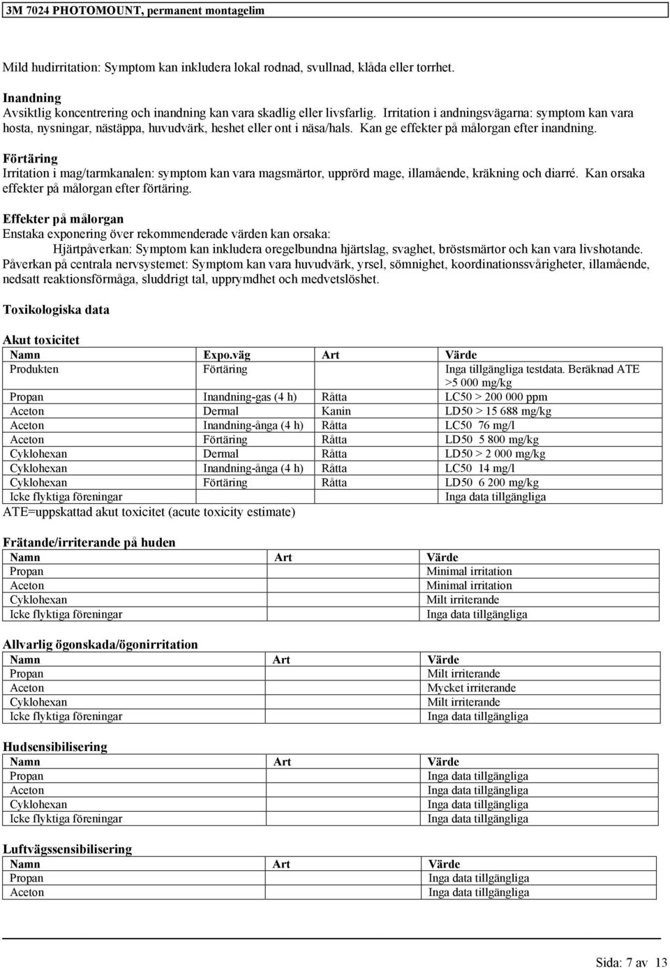 Förtäring Irritation i mag/tarmkanalen: symptom kan vara magsmärtor, upprörd mage, illamående, kräkning och diarré. Kan orsaka effekter på målorgan efter förtäring.