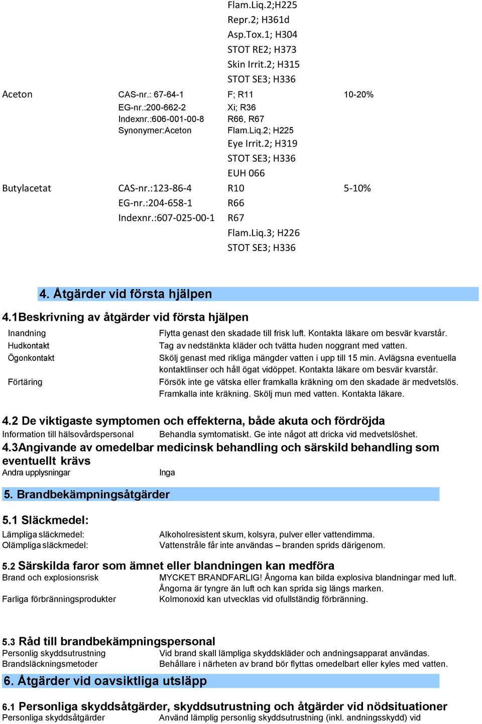 Liq.3; H226 STOT SE3; H336 4. Åtgärder vid första hjälpen 4.1Beskrivning av åtgärder vid första hjälpen Inandning Hudkontakt Ögonkontakt Förtäring Flytta genast den skadade till frisk luft.