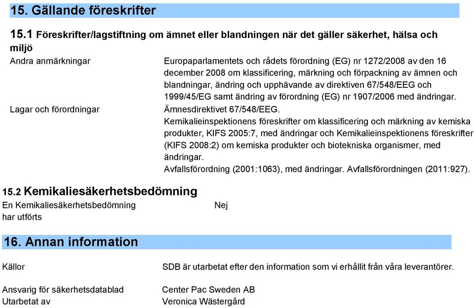 om klassificering, märkning och förpackning av ämnen och blandningar, ändring och upphävande av direktiven 67/548/EEG och 1999/45/EG samt ändring av förordning (EG) nr 1907/2006 med ändringar.