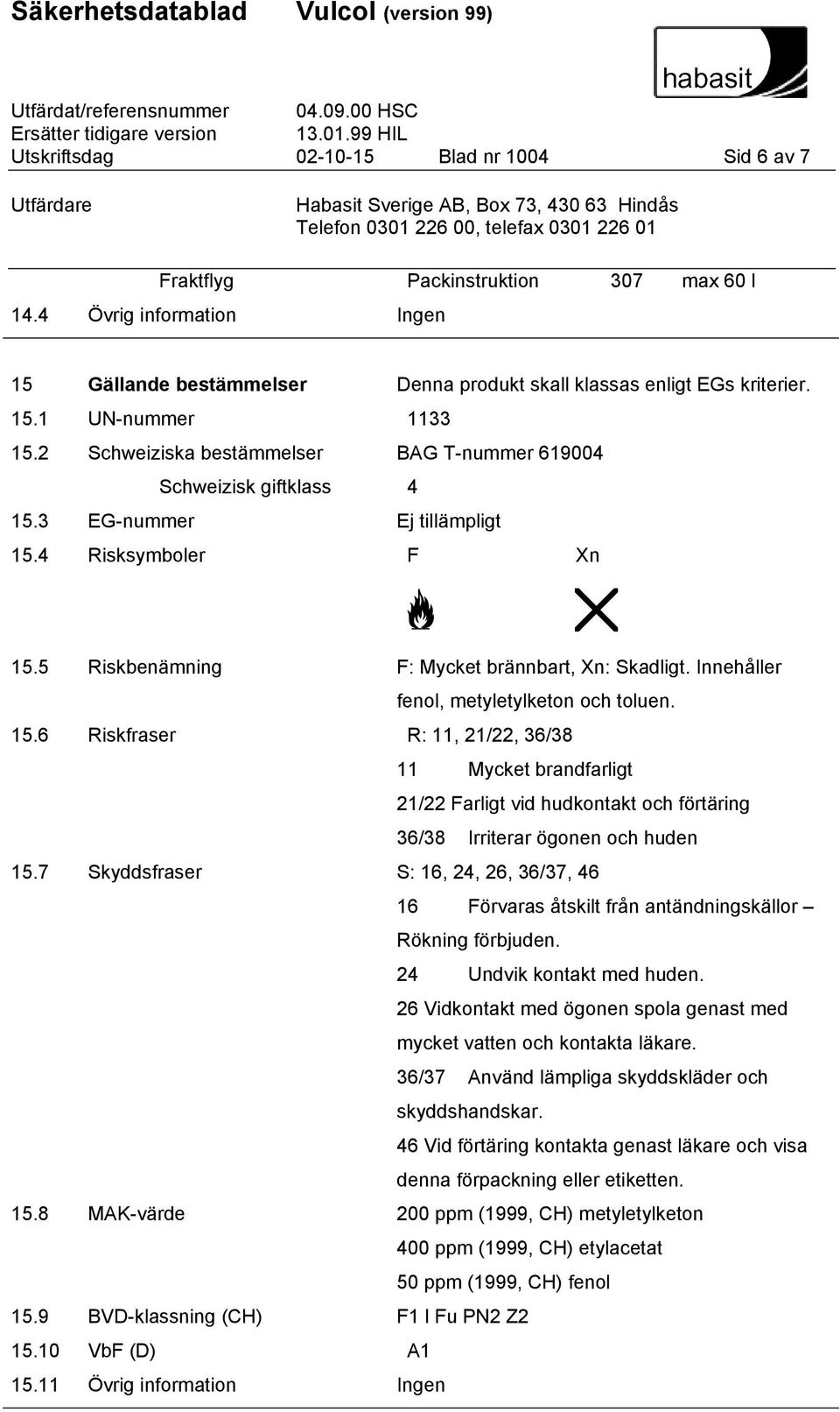 Innehåller fenol, metyletylketon och toluen. 15.6 Riskfraser R: 11, 21/22, 36/38 11 Mycket brandfarligt 21/22 Farligt vid hudkontakt och förtäring 36/38 Irriterar ögonen och huden 15.