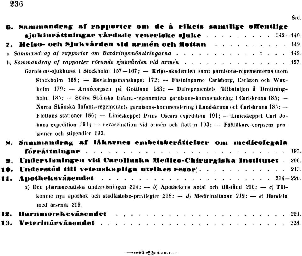Garnisons-sjukhuset i Stockholm 157 167; Krigs-akademien samt garnisons-regementerna utom Stockholm 169; Beväringsmanskapet 172; Fästningarne Carlsborg, Carlsten och Waxholm 179; Armécorpsen på