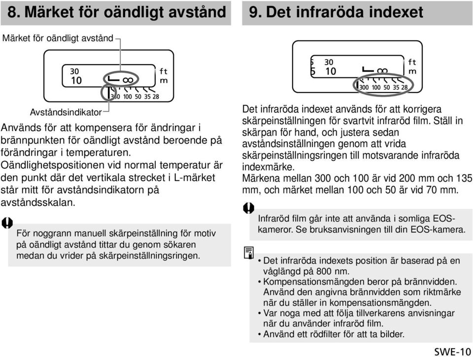 Oändlighetspositionen vid normal temperatur är den punkt där det vertikala strecket i L-märket står mitt för avståndsindikatorn på avståndsskalan.