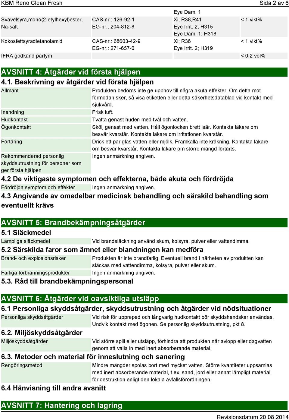 1 Xi; R38,R41 Eye Irrit. 2; H315 Eye Dam. 1; H318 Xi; R36 Eye Irrit. 2; H319 < 1 vikt% < 1 vikt% < 0,2 vol% Produkten bedöms inte ge upphov till några akuta effekter.