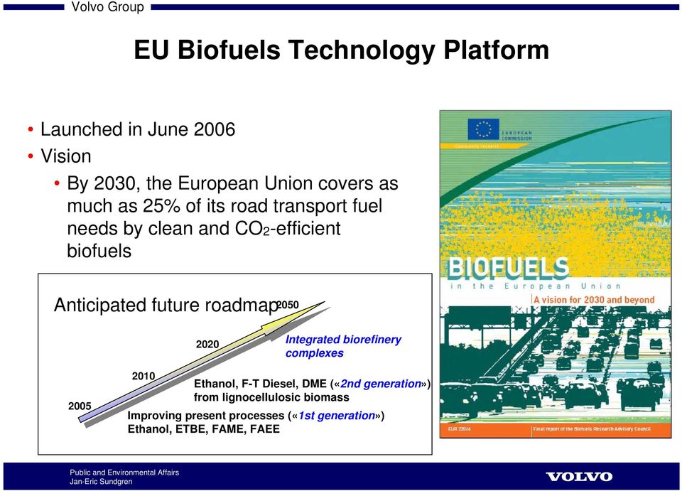 roadmap 2050 2020 Integrated biorefinery complexes 2005 2010 Ethanol, F-T Diesel, DME («2nd