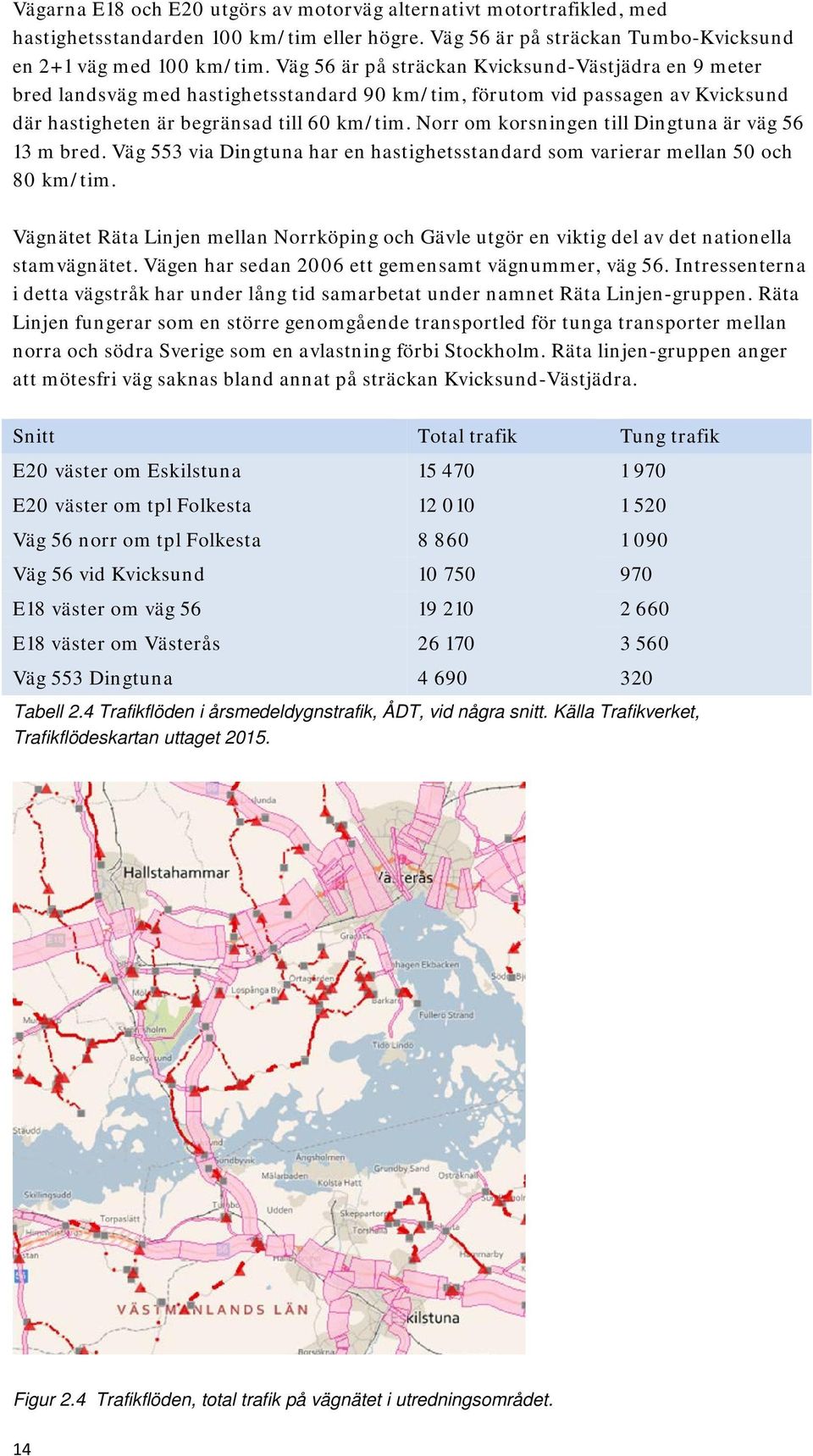Norr om korsningen till Dingtuna är väg 56 13 m bred. Väg 553 via Dingtuna har en hastighetsstandard som varierar mellan 50 och 80 km/tim.