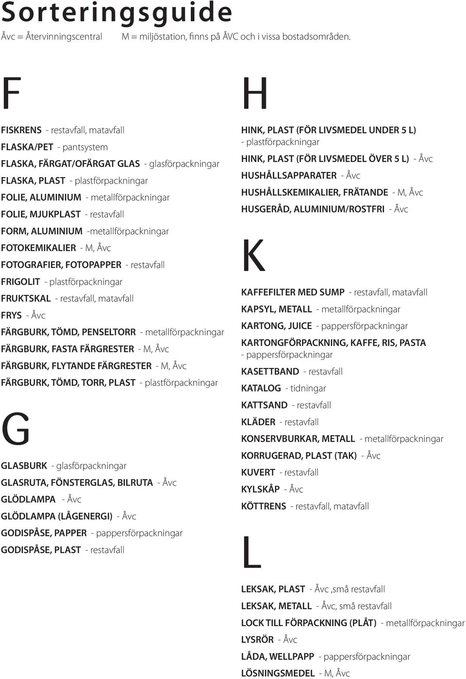 - restavfall FORM, ALUMINIUM -metallförpackningar FOTOKEMIKALIER - M, Åvc FOTOGRAFIER, FOTOPAPPER - restavfall FRIGOLIT - plastförpackningar FRUKTSKAL - restavfall, matavfall FRYS - Åvc FÄRGBURK,