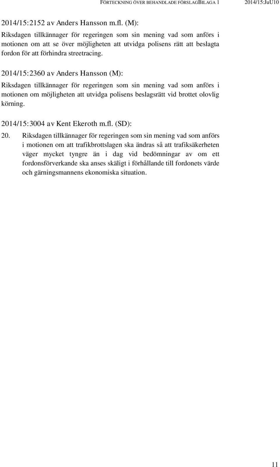 2014/15:2360 av Anders Hansson (M): motionen om möjligheten att utvidga polisens beslagsrätt vid brottet olovlig körning. 2014/15:3004 av Kent Ekeroth m.fl. (SD): 20.