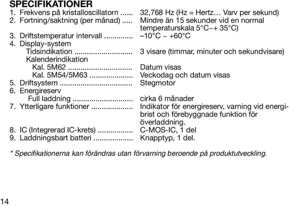 .. Veckodag och datum visas 5. Driftsystem... Stegmotor 6. Energireserv Full laddning... cirka 6 månader 7. Ytterligare funktioner.