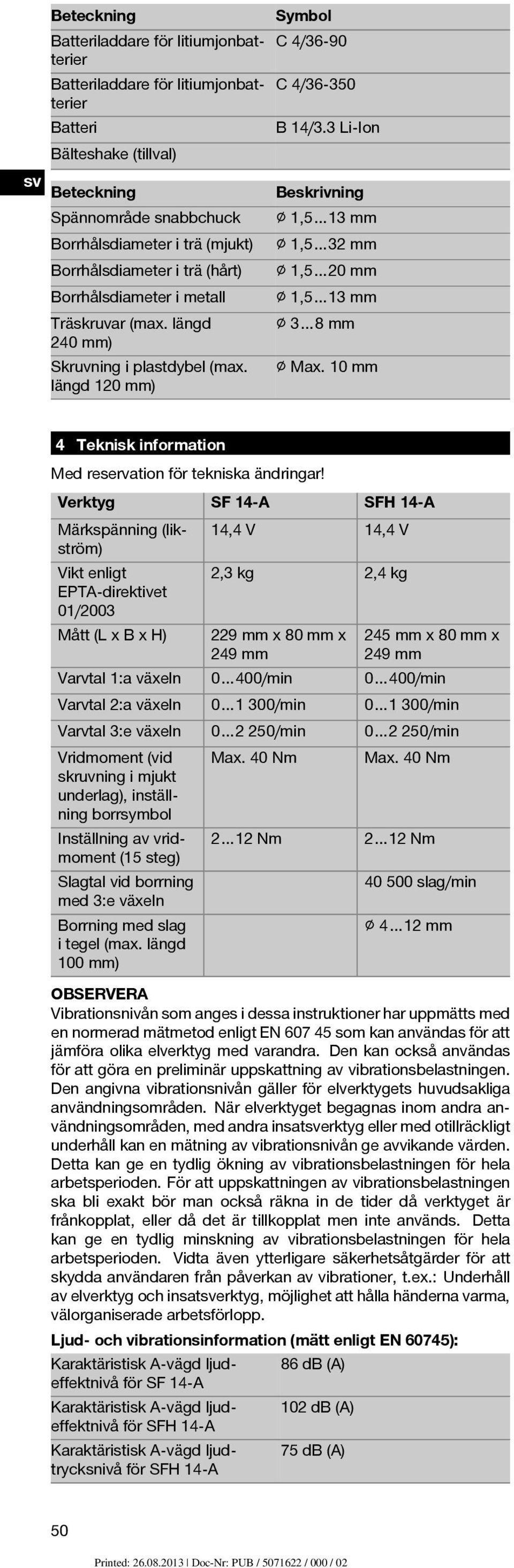 längd 240 mm) 3 8 mm Spännområde snabbchuck Skruvning i plastdybel (max. längd 120 mm) 1,5 13 mm Max. 10 mm 4 Teknisk information Med reservation för tekniska ändringar!