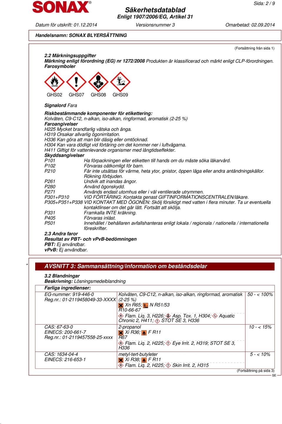 brandfarlig vätska och ånga. H319 Orsakar allvarlig ögonirritation. H336 Kan göra att man blir dåsig eller omtöcknad. H304 Kan vara dödligt vid förtäring om det kommer ner i luftvägarna.