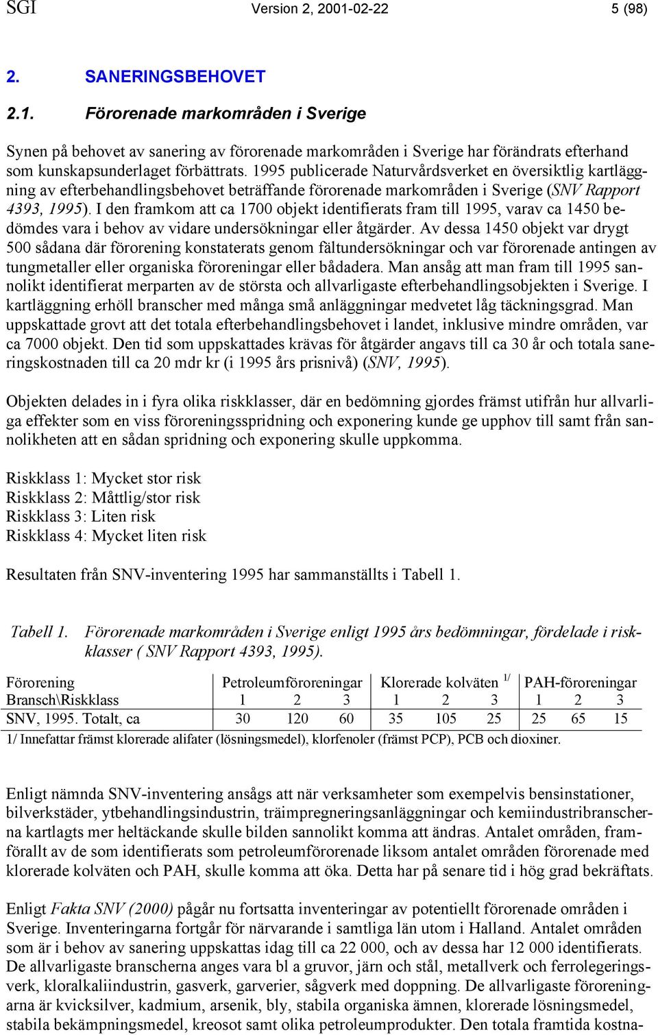 I den framkom att ca 1700 objekt identifierats fram till 1995, varav ca 1450 bedömdes vara i behov av vidare undersökningar eller åtgärder.