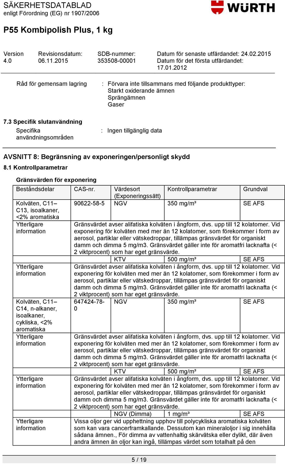 1 Kontrollparametrar Gränsvärden för exponering Beståndsdelar CAS-nr.