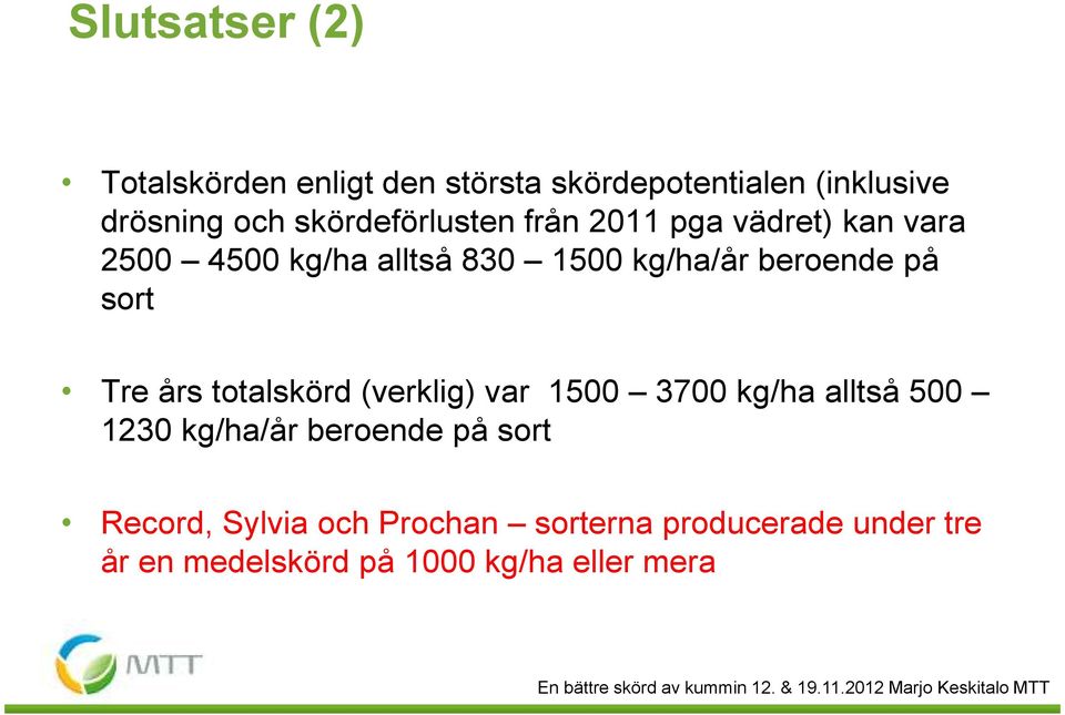 sort Tre års totalskörd (verklig) var 15 37 kg/ha alltså 5 123 kg/ha/år beroende på sort