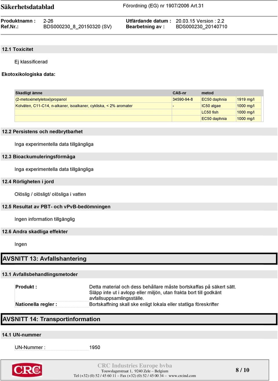 3 Bioackumuleringsförmåga Inga experimentella data tillgängliga 12.4 Rörligheten i jord Olöslig / olösligt/ olösliga i vatten 12.