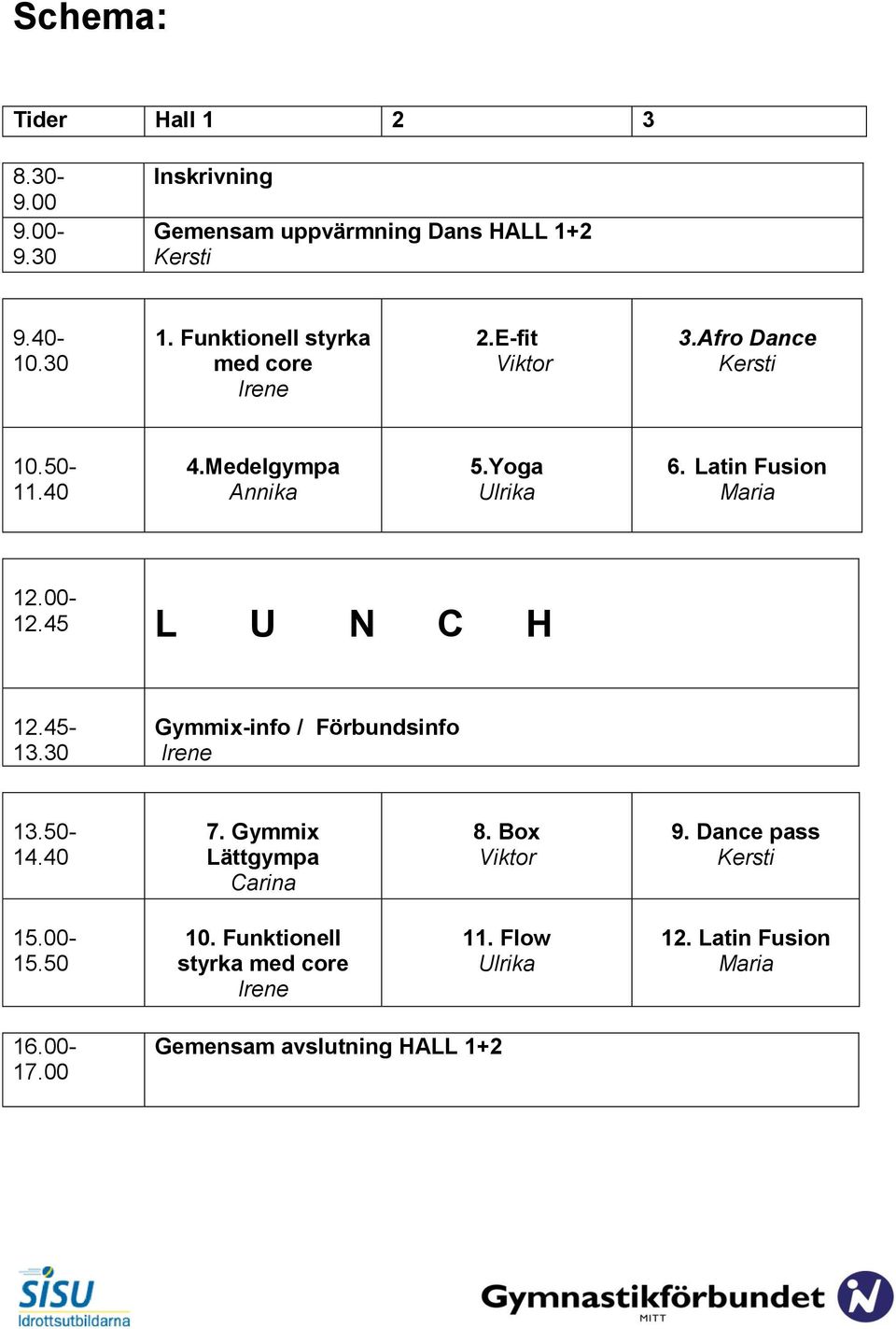 Latin Fusion Maria 12.00-12.45 L U N C H 12.45-13.30 Gymmix-info / Förbundsinfo 13.50-14.40 7. Gymmix Lättgympa Carina 8.