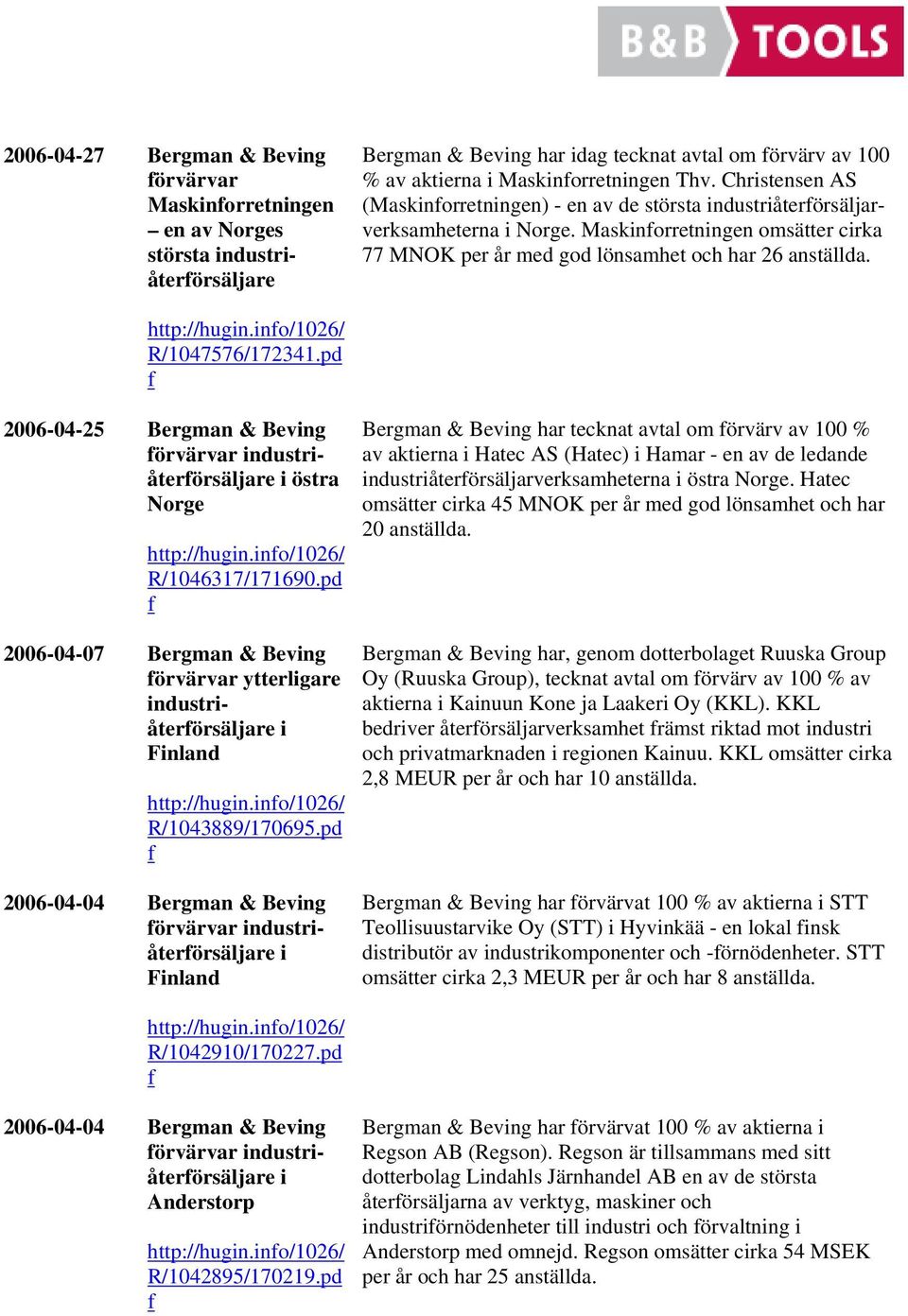 no/1026/ R/1047576/172341.pd 2006-04-25 Bergman & Bevng örvärvar ndustråterörsäljare östra Norge http://hugn.no/1026/ R/1046317/171690.