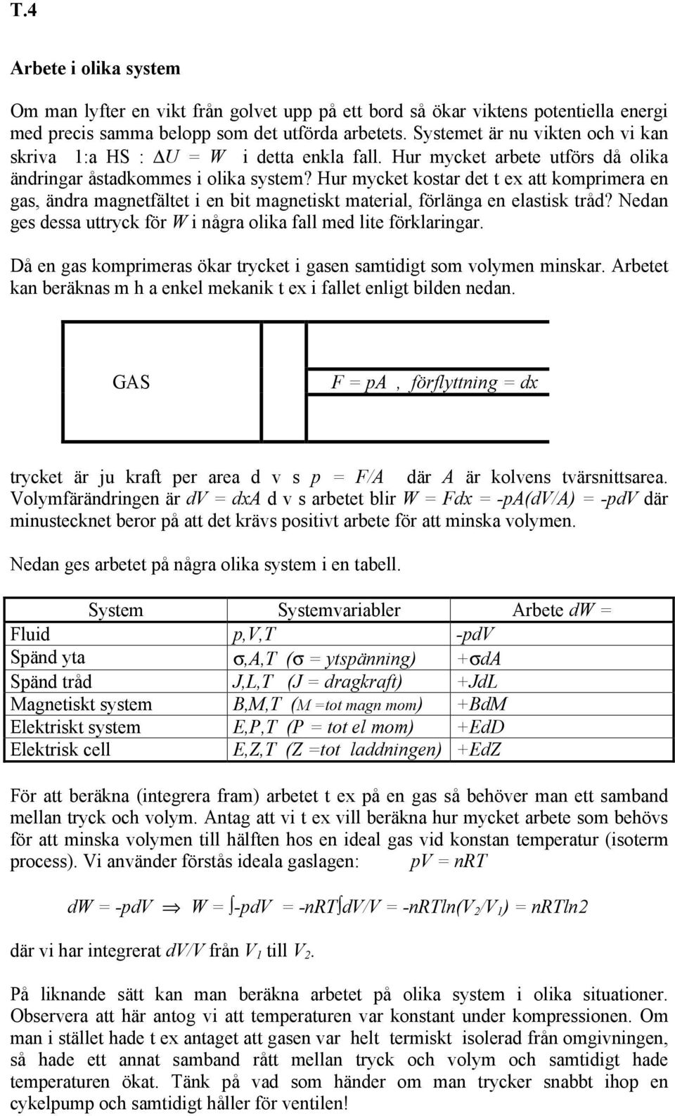 Hur mycket kostar det t ex att komprimera en gas, ändra magnetfältet i en bit magnetiskt material, förlänga en elastisk tråd? Nedan ges dessa uttryck för W i några olika fall med lite förklaringar.