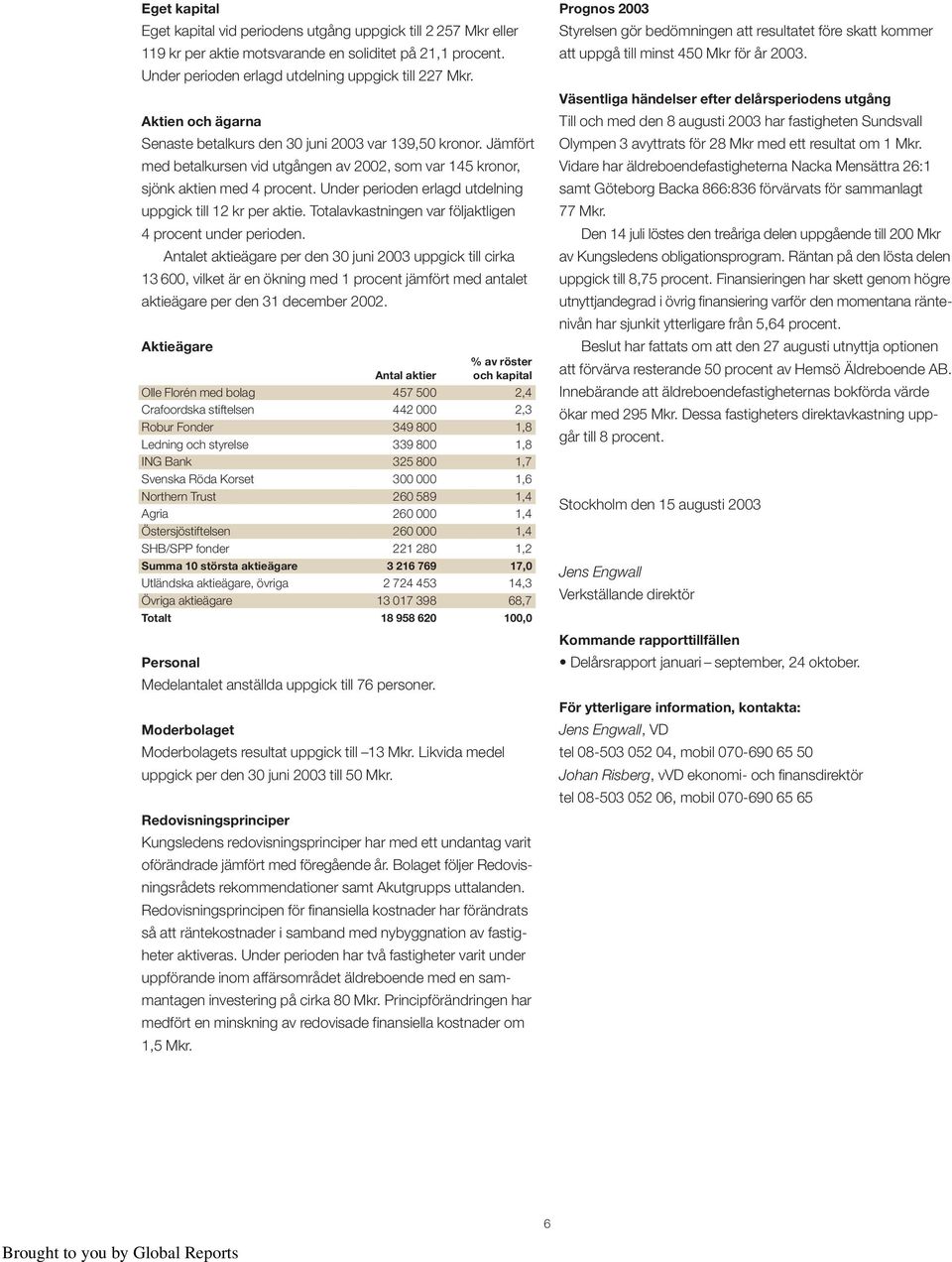 Under perioden erlagd utdelning uppgick till 12 kr per aktie. Totalavkastningen var följaktligen 4 procent under perioden.