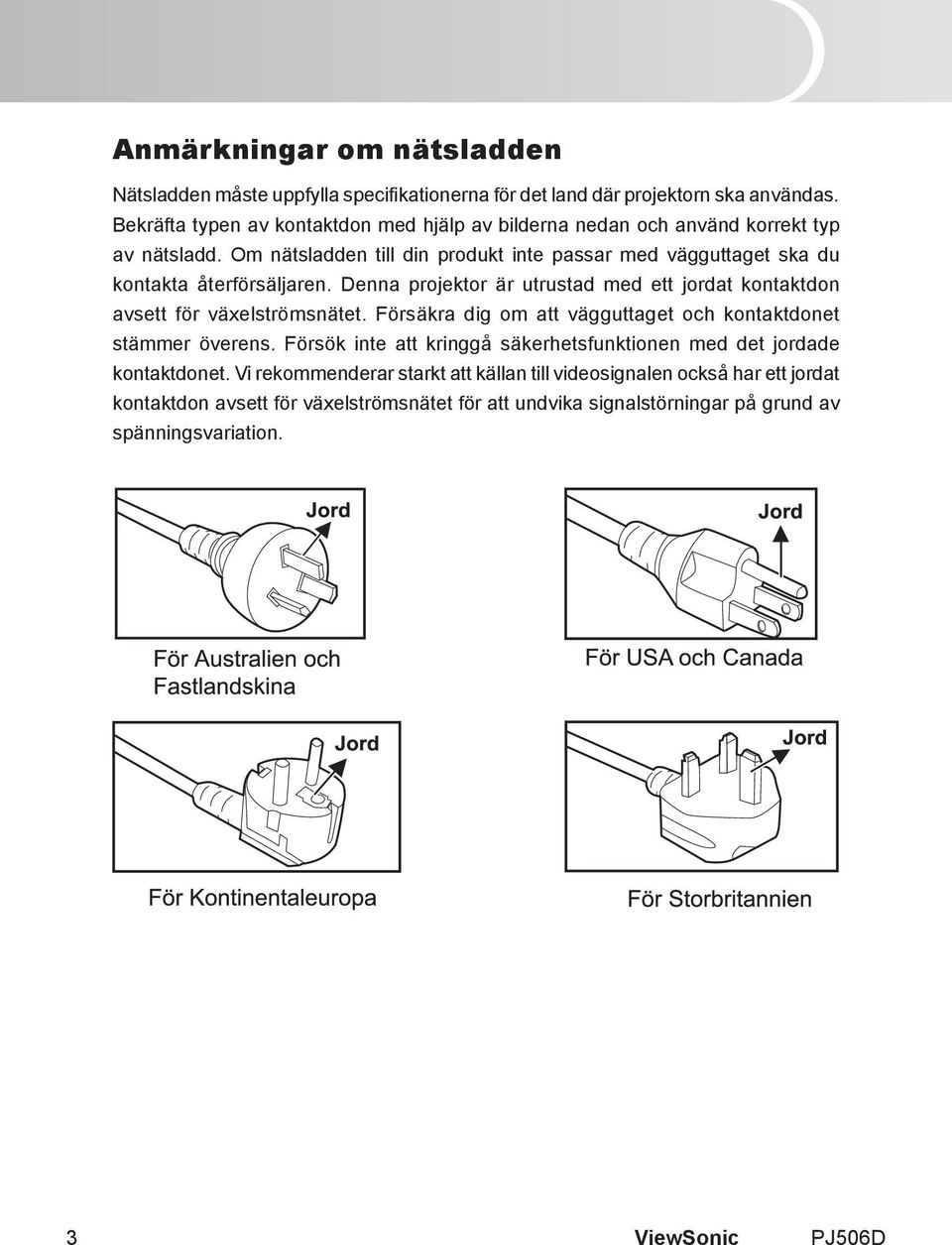 Om nätsladden till din produkt inte passar med vägguttaget ska du kontakta återförsäljaren. Denna projektor är utrustad med ett jordat kontaktdon avsett för växelströmsnätet.
