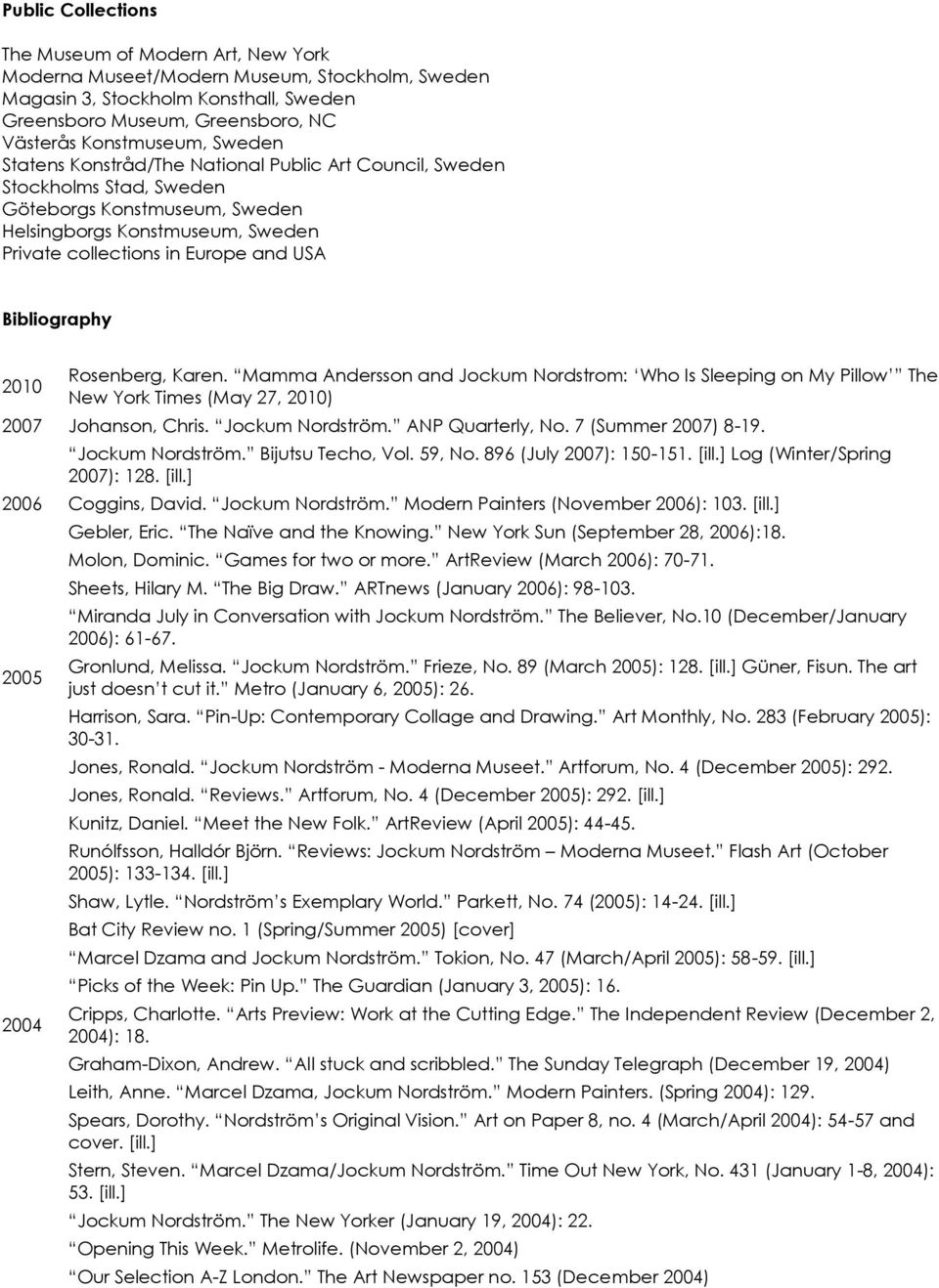 Bibliography 2010 Rosenberg, Karen. Mamma Andersson and Jockum Nordstrom: Who Is Sleeping on My Pillow The New York Times (May 27, 2010) 2007 Johanson, Chris. Jockum Nordström. ANP Quarterly, No.