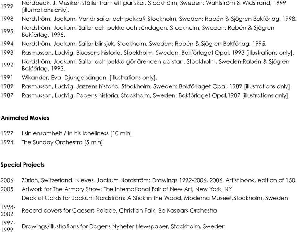 Bluesens historia. Stockholm, Sweden: Bokförlaget Opal, 1993 1992 Nordström, Jockum. Sailor och pekka gör ärenden pä stan. Stockholm, Sweden:Rabén & Sjögren Bokförlag, 1993. 1991 Wikander, Eva.