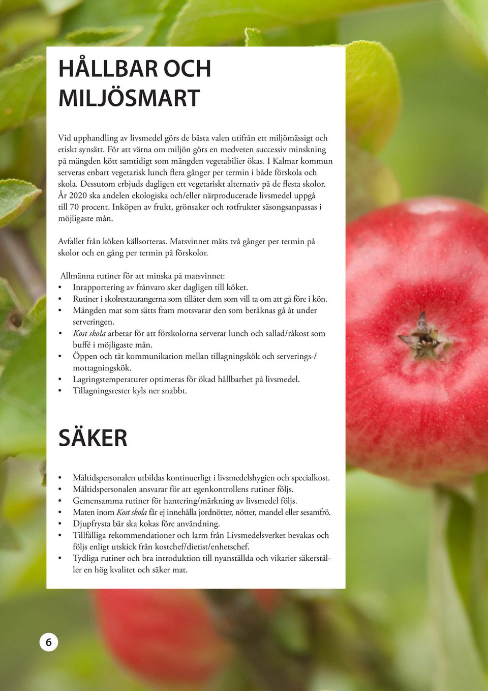 I Kalmar kommun serveras enbart vegetarisk lunch flera gånger per termin i både förskola och skola. Dessutom erbjuds dagligen ett vegetariskt alternativ på de flesta skolor.