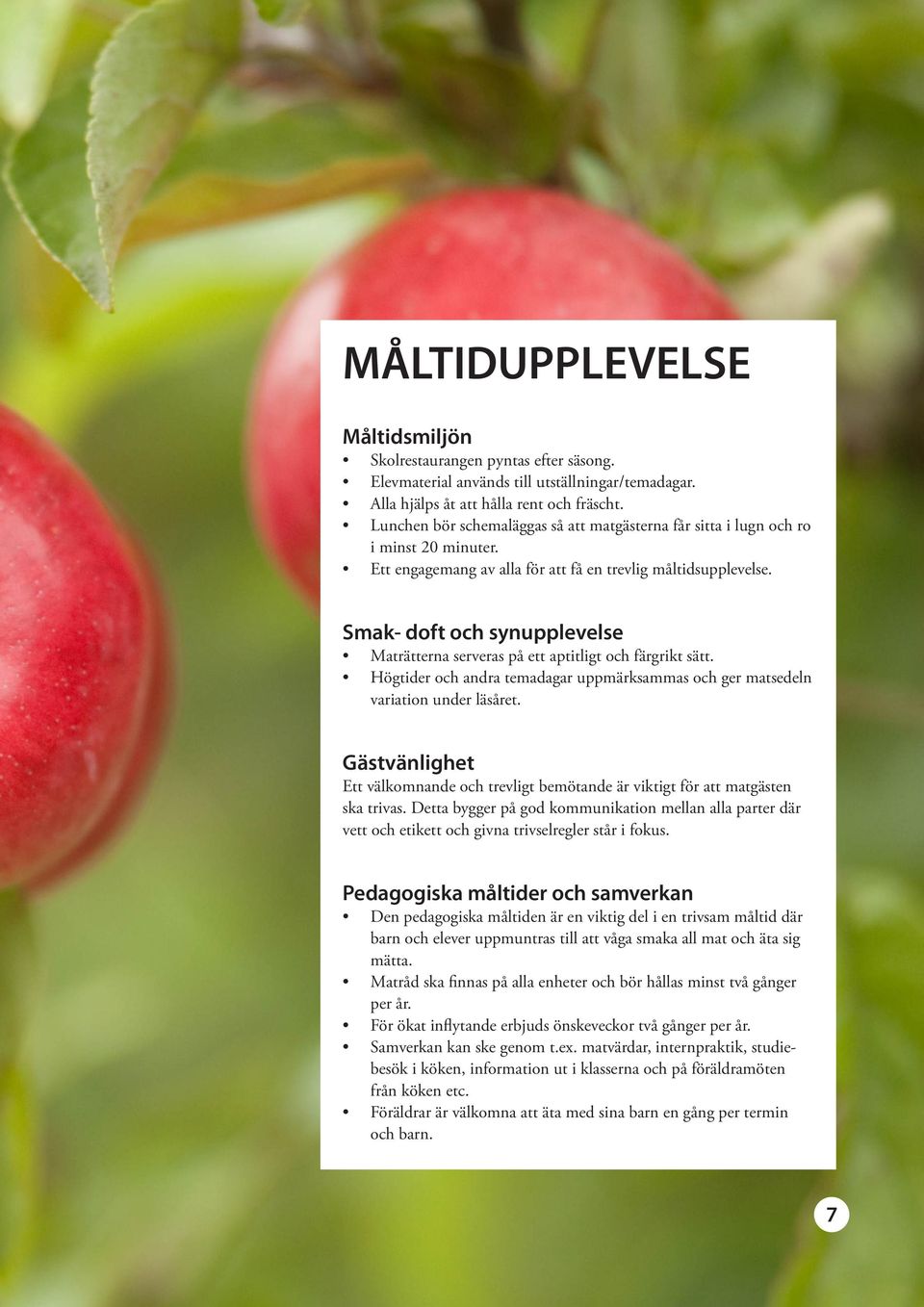 Smak- doft och synupplevelse Maträtterna serveras på ett aptitligt och färgrikt sätt. Högtider och andra temadagar uppmärksammas och ger matsedeln variation under läsåret.