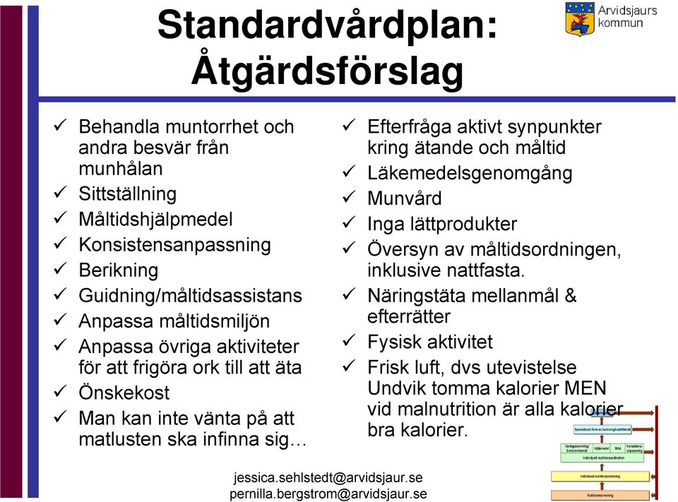 ska infinna sig Efterfråga aktivt synpunkter kring ätande och måltid Läkemedelsgenomgång Munvård Inga lättprodukter Översyn av måltidsordningen, inklusive