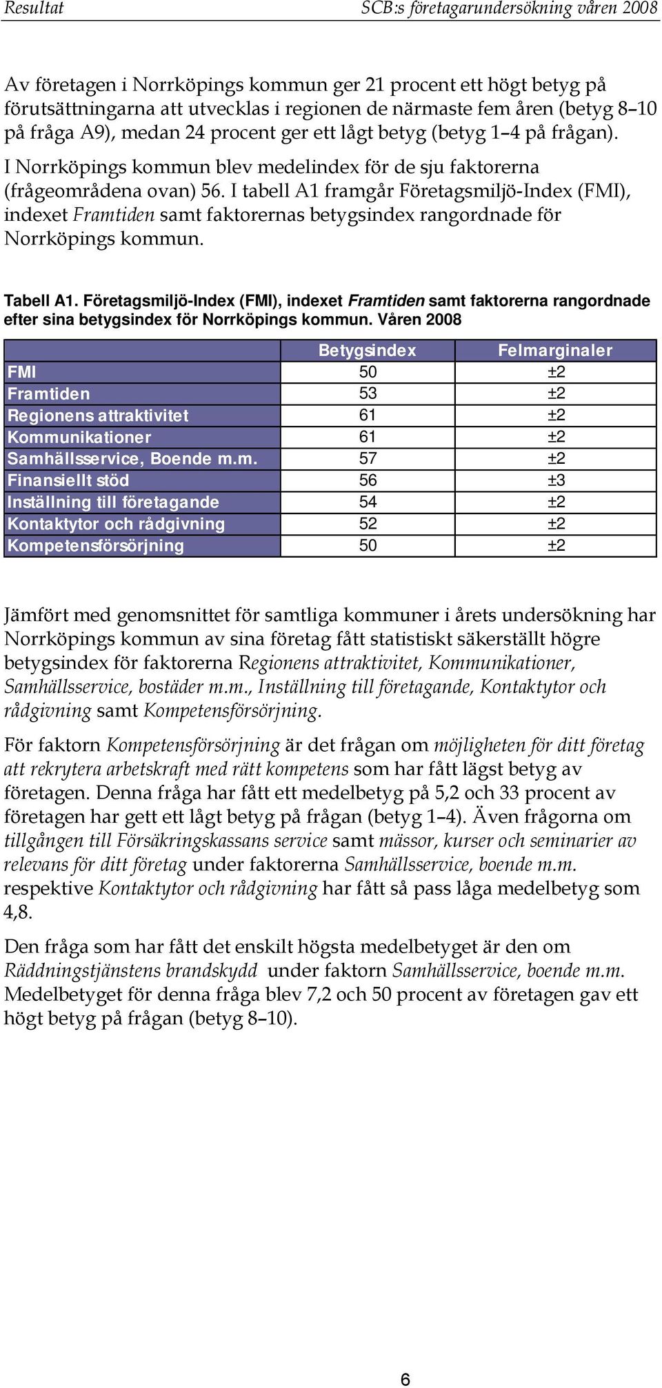 I tabell A1 framgår Företagsmiljö-Index (FMI), indexet Framtiden samt faktorernas betygsindex rangordnade för Norrköpings kommun. Tabell A1.