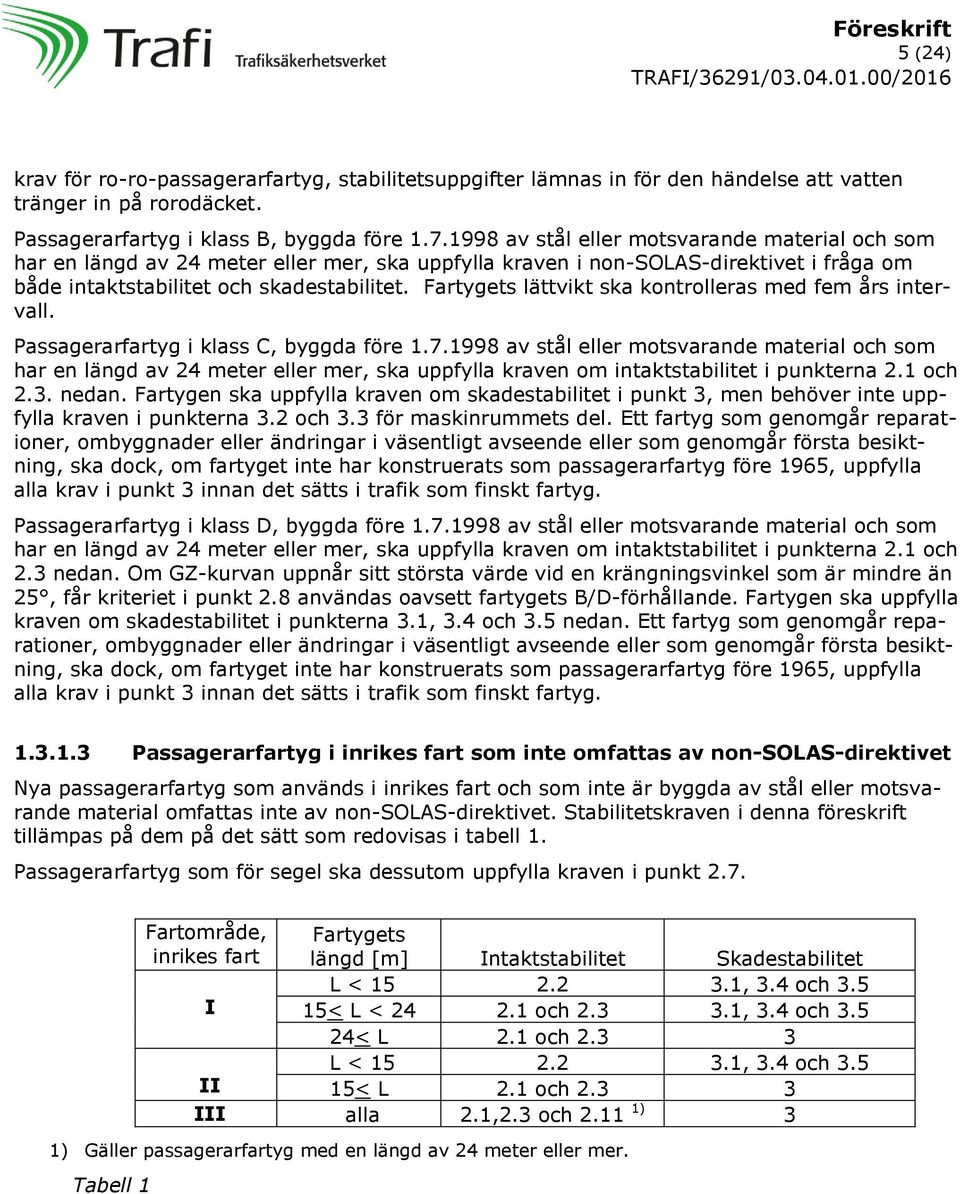 Fartygets lättvikt ska kontrolleras med fem års intervall. Passagerarfartyg i klass C, byggda före 1.7.