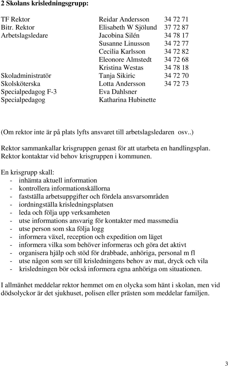 Tanja Sikiric 34 72 70 Skolsköterska Lotta Andersson 34 72 73 Specialpedagog F-3 Eva Dahlsner Specialpedagog Katharina Hubinette (Om rektor inte är på plats lyfts ansvaret till arbetslagsledaren osv.