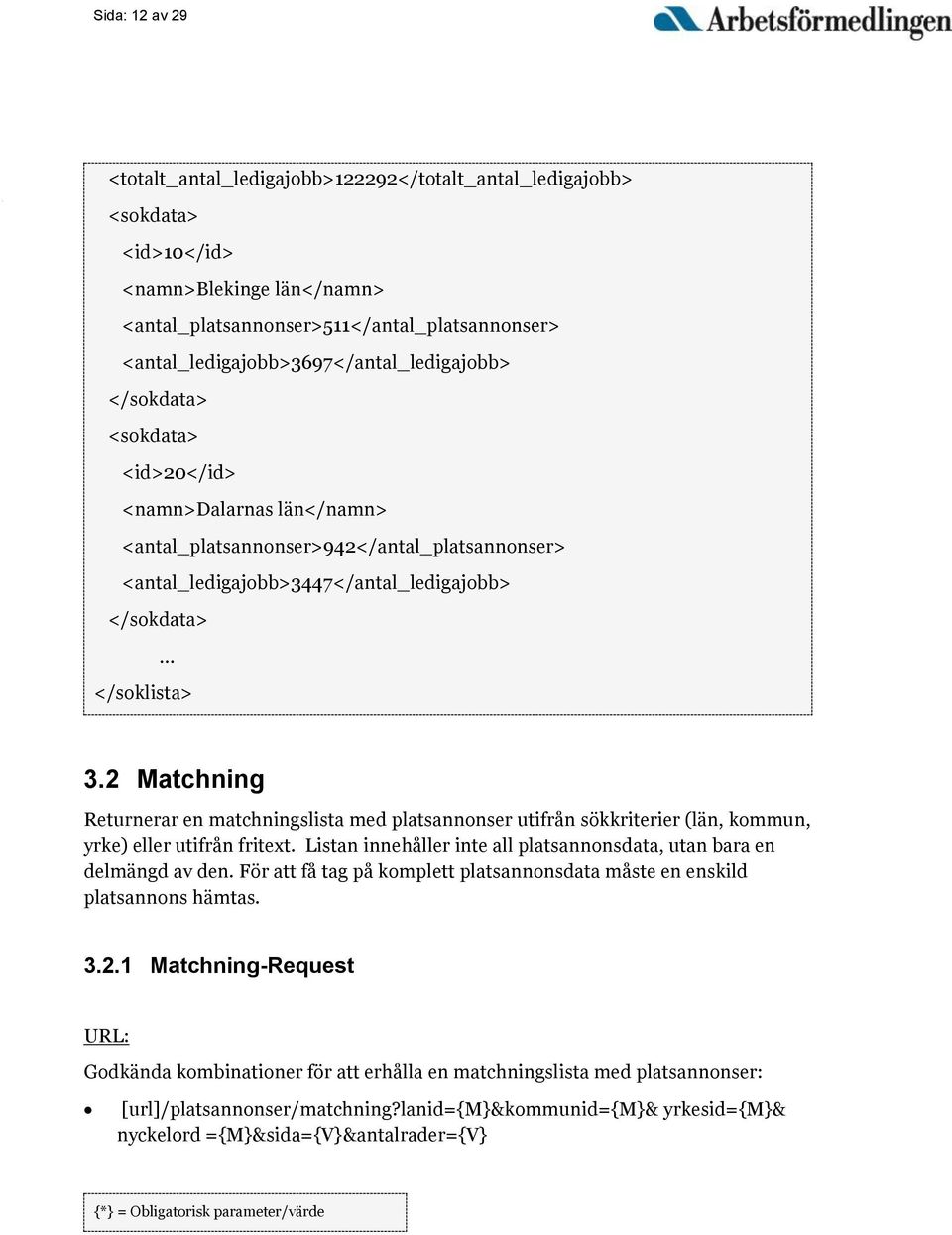 </sokdata> </soklista> 3.2 Matchning Returnerar en matchningslista med platsannonser utifrån sökkriterier (län, kommun, yrke) eller utifrån fritext.