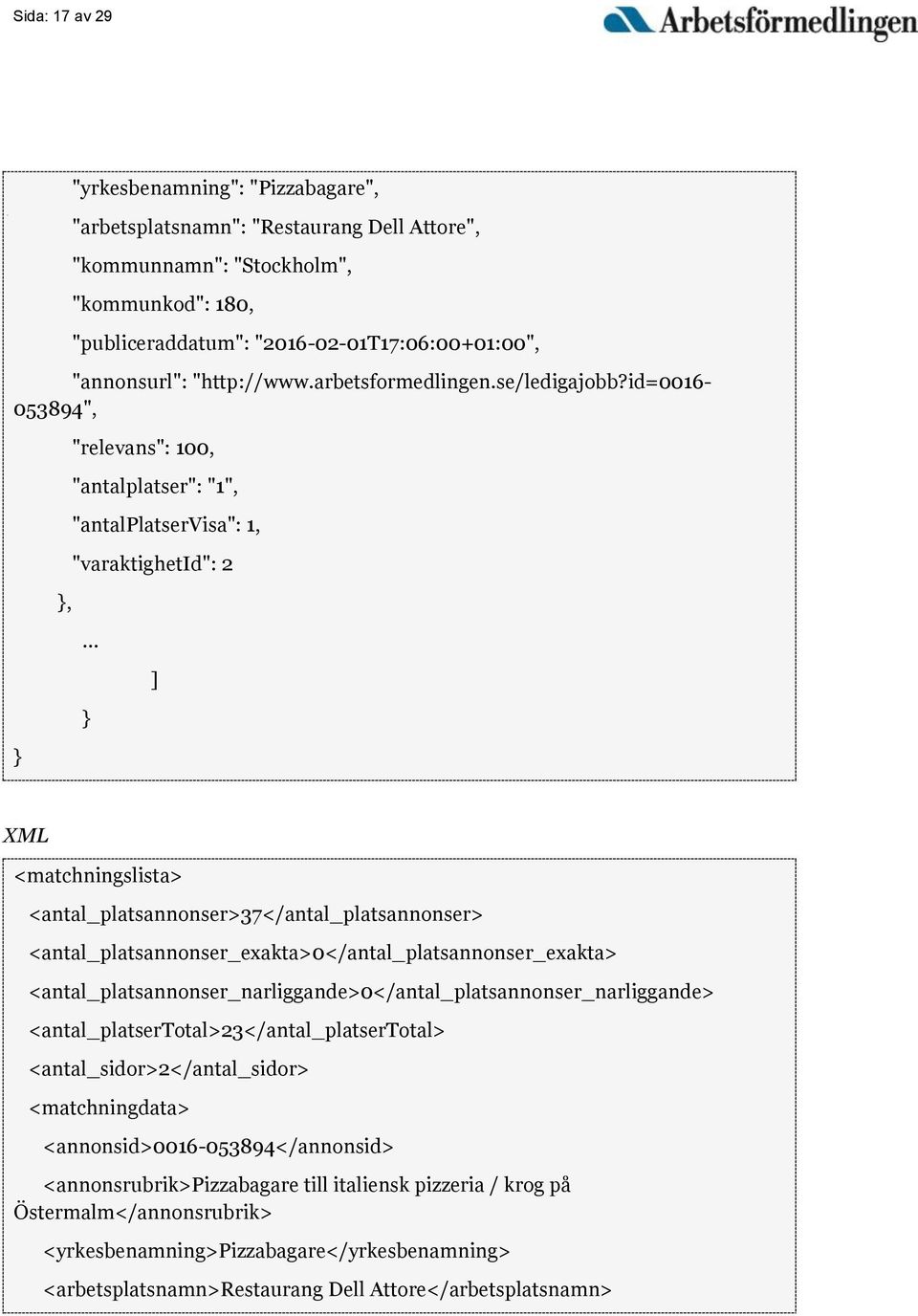 id=0016-053894", } }, "relevans": 100, "antalplatser": "1", "antalplatservisa": 1, "varaktighetid": 2 } ] XML <matchningslista> <antal_platsannonser>37</antal_platsannonser>